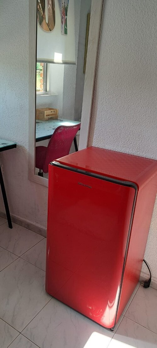 Habitación con mucha luz,  tele y frigorífico 